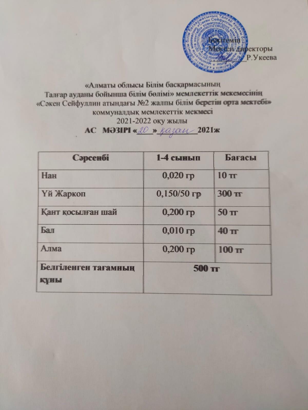 Ас мәзірі 20.10.2021ж