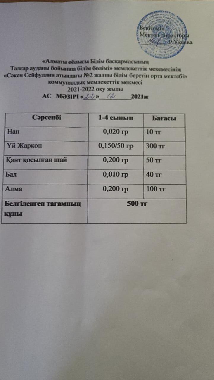 Ас мәзірі 20.12-24.12.2021ж