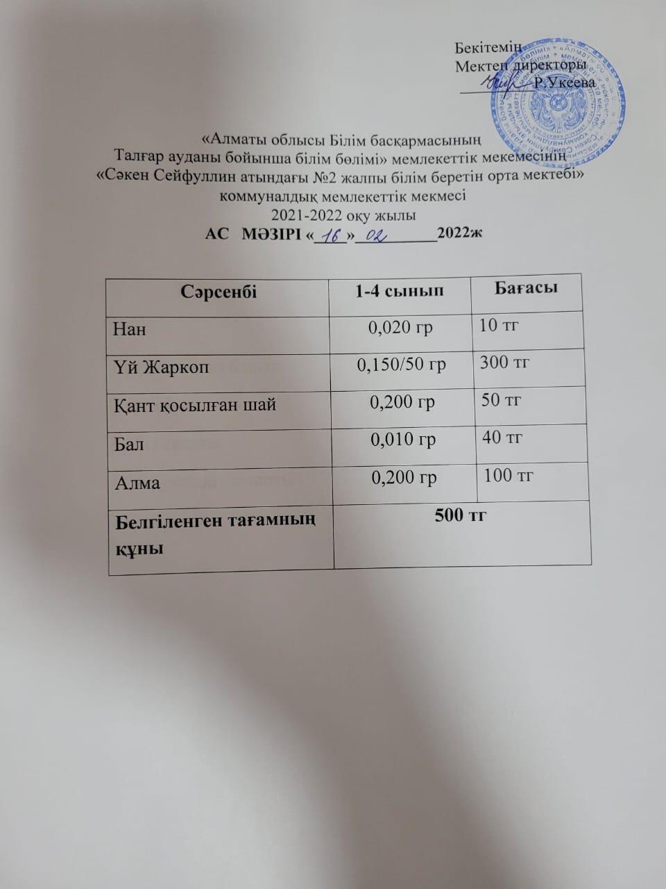 Ас мәзірі 14.02-18.02.2022ж