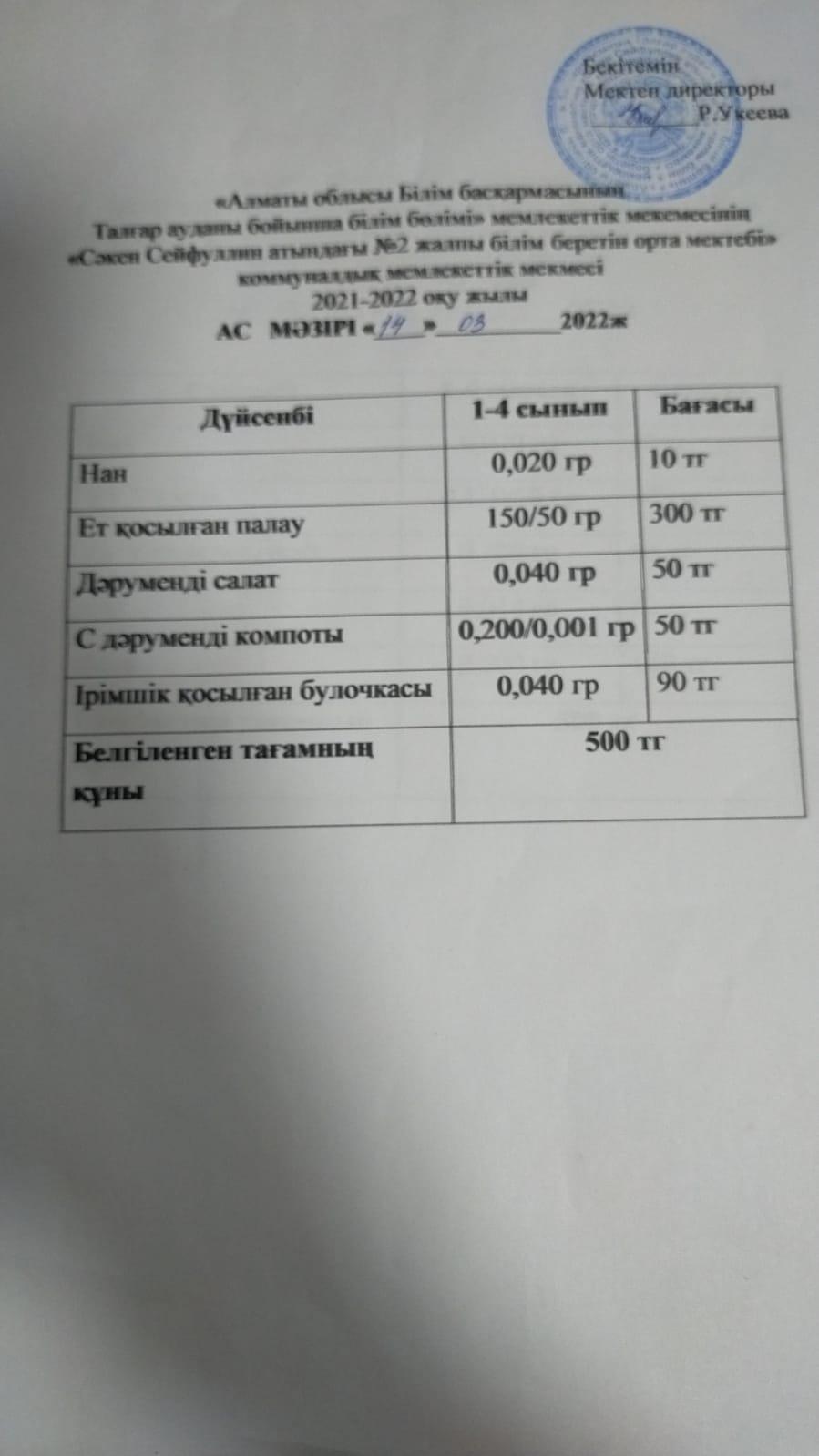 Ас мәзірі 14.03-18.03.2022ж